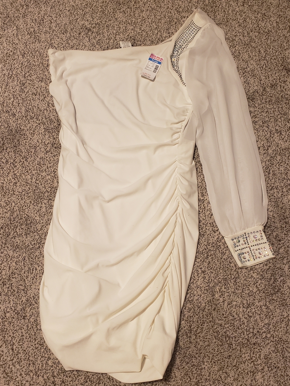 Deb White One-Shoulder Ruched Dress with Embellished Sleeve